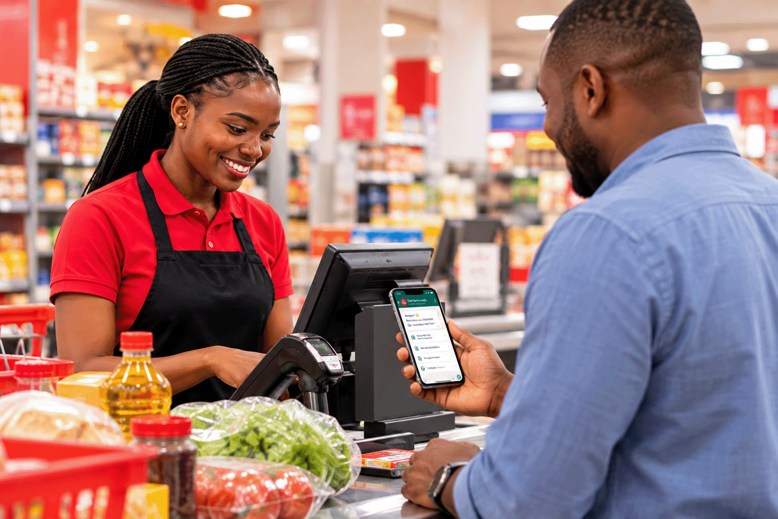 Commerçante et client utilisant CASHBAN dans un point de vente
